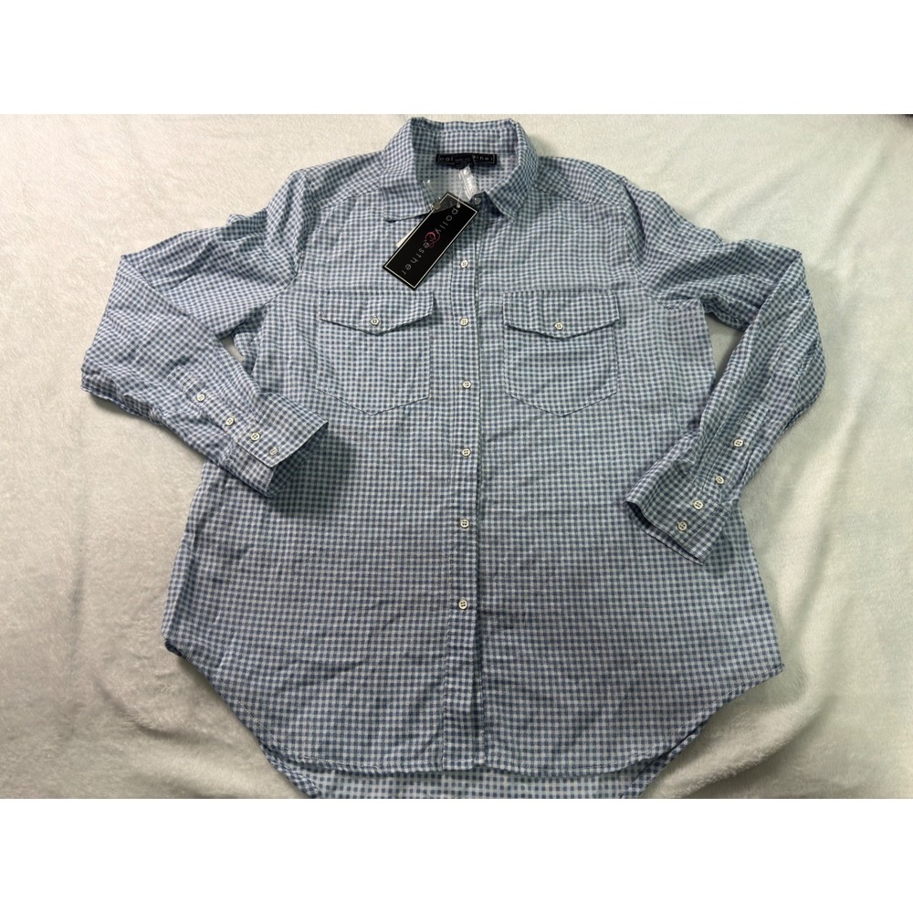 Polly & Esther Womens XL Gingham Button Down Shirt Blue White PW11005PMC NWT - Picture 2 of 9